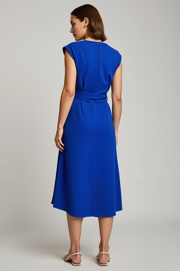 A Line Midi V-Neck Royal Blue Work Dress with Sash